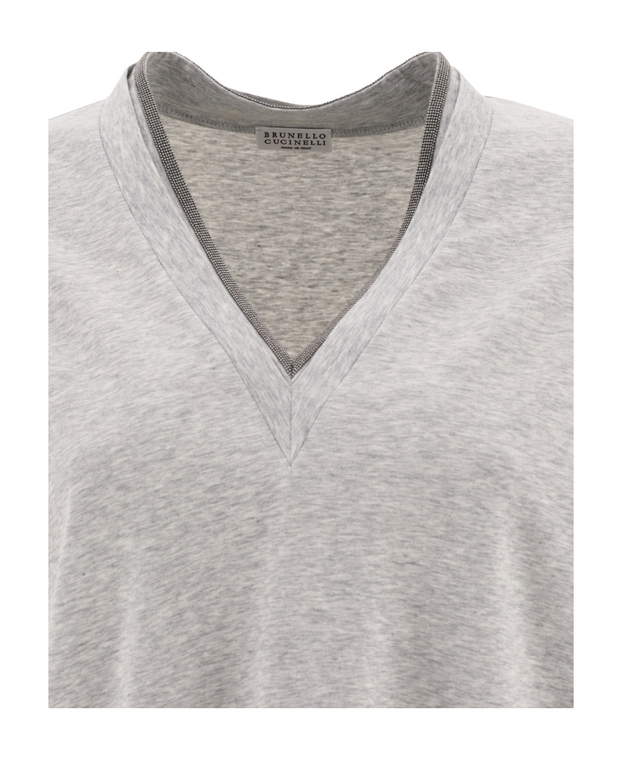 Brunello Cucinelli Embellished V-neck T-shirt In Gray