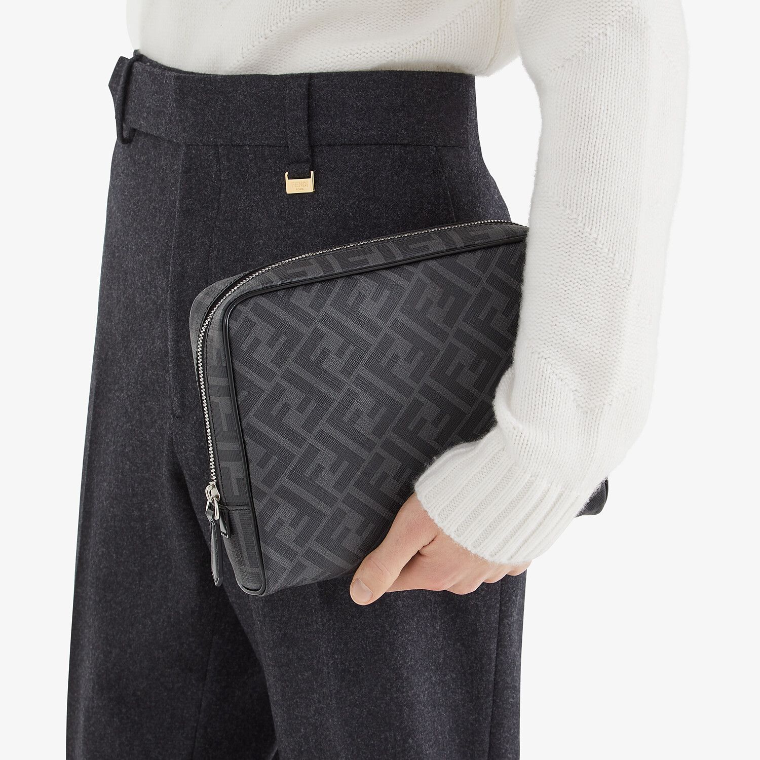 Shop Fendi Grey Fabric Toiletry Case In Black