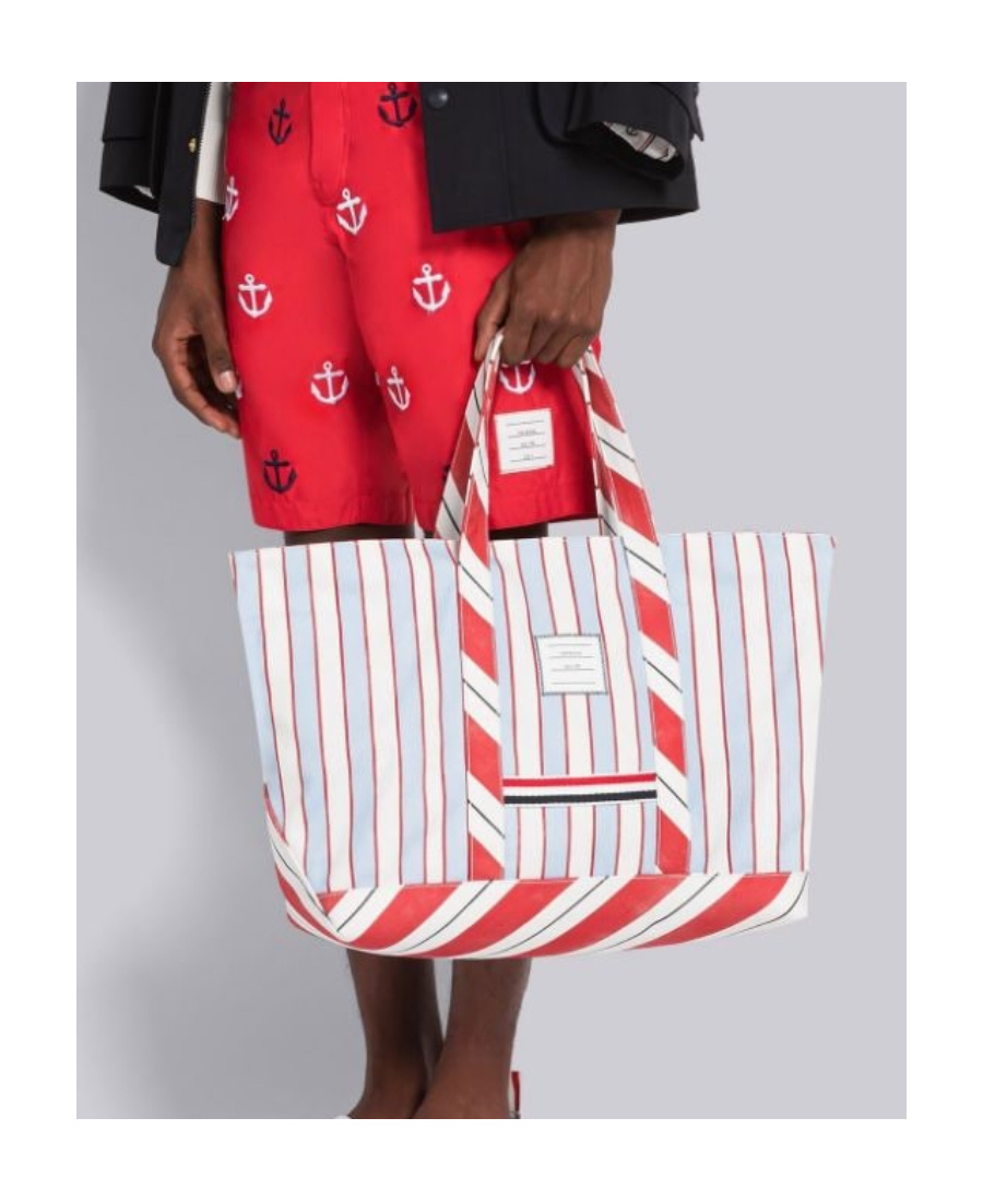 Thom Browne Logo Patch Striped Tote Bag In White