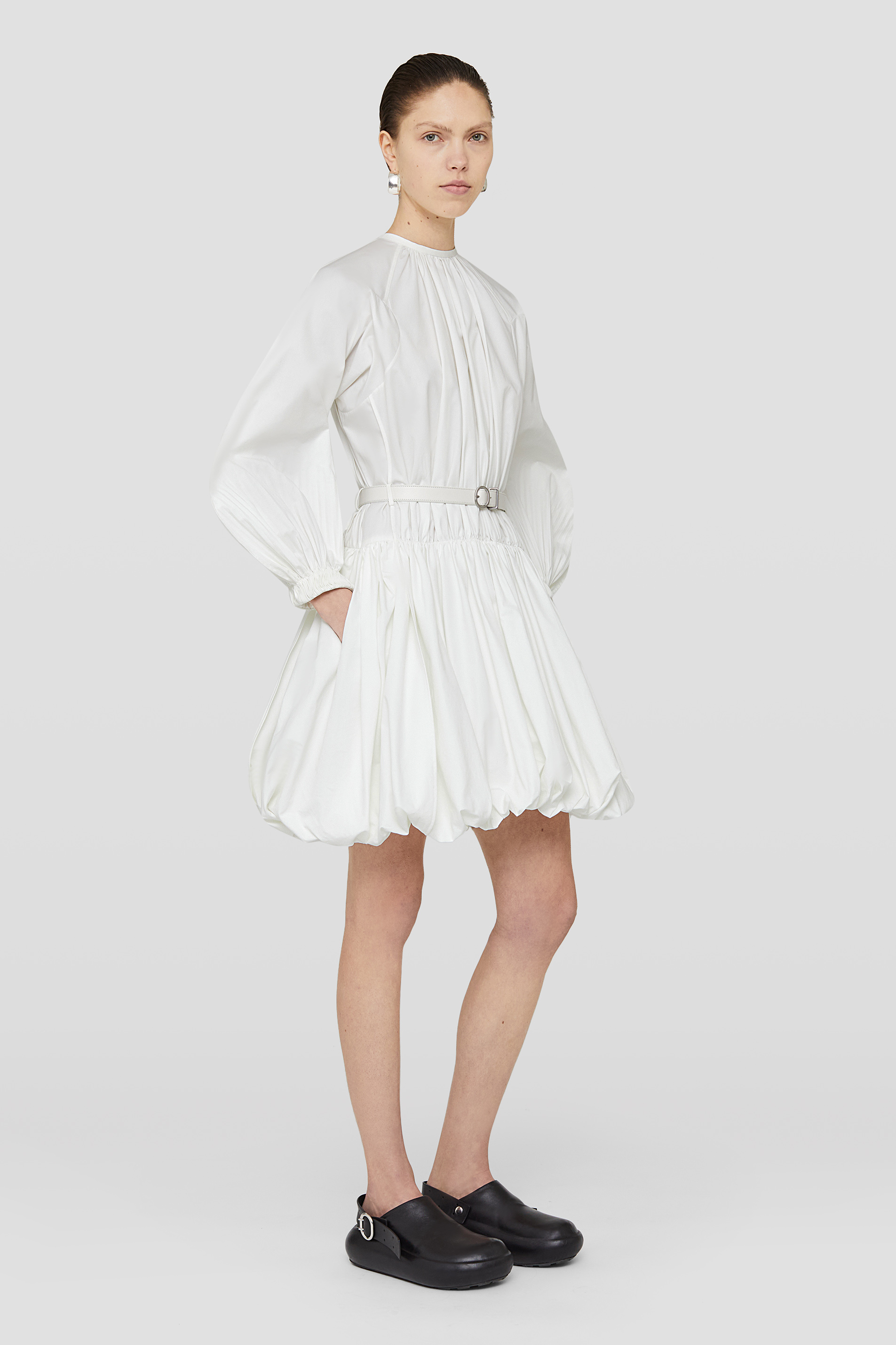 Jil Sander Puffball Belted Cotton Minidress In White