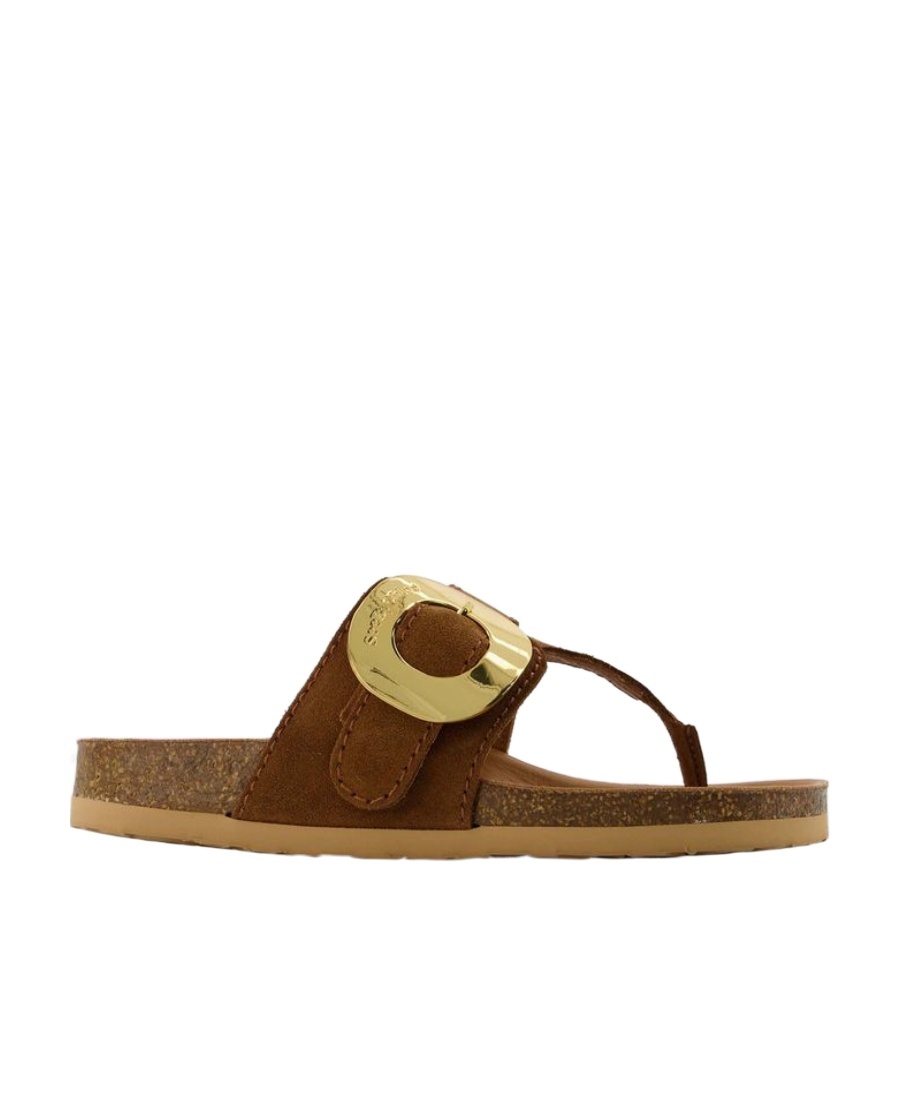 See By Chloé Gold-tone Plaque Suede Slides In Brown