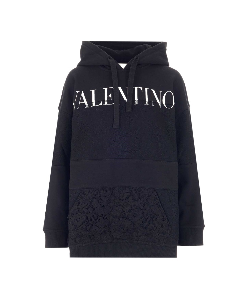 Shop Valentino Logo-print Lace Insert Hoodie In Black