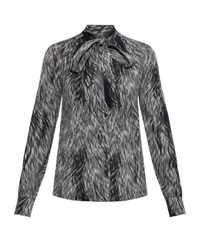 Dolce & Gabbana Fur-print Charmeuse Shirt With Pussy-bow In Gray