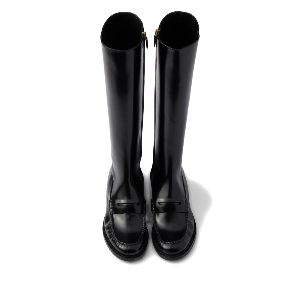 Prada Knee-high Leather Boots Glossy Finish In Black