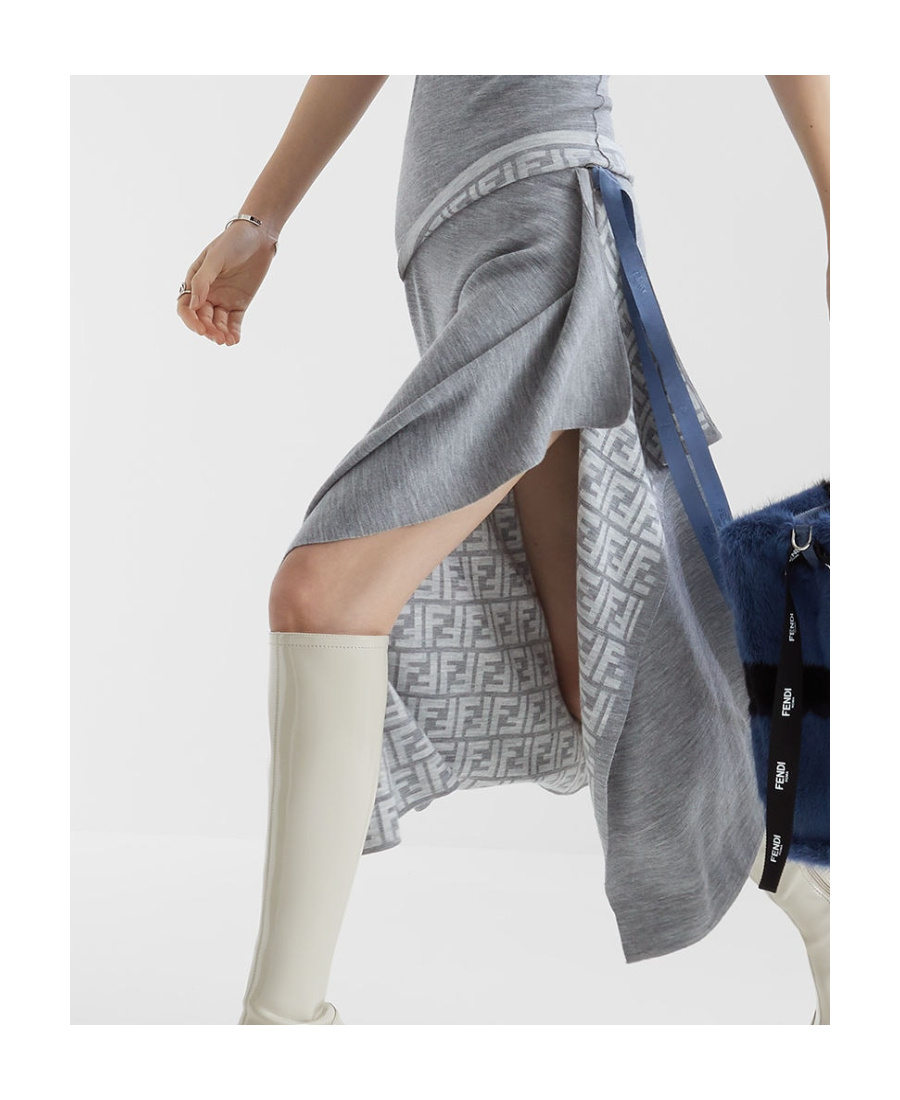 Fendi Logo Pattern Midi Drape Wool Skirt In Gray