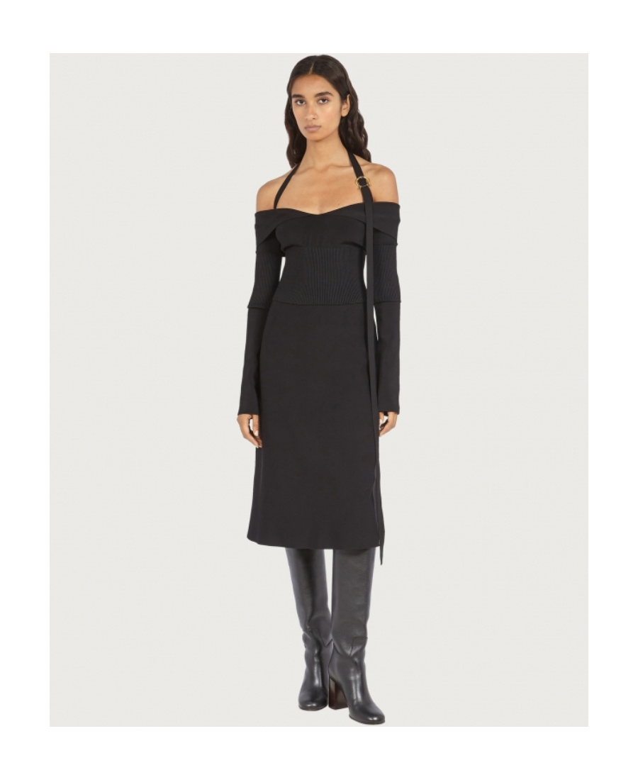 Ferragamo Knit Midi Dress With Gancini Buckle In Black