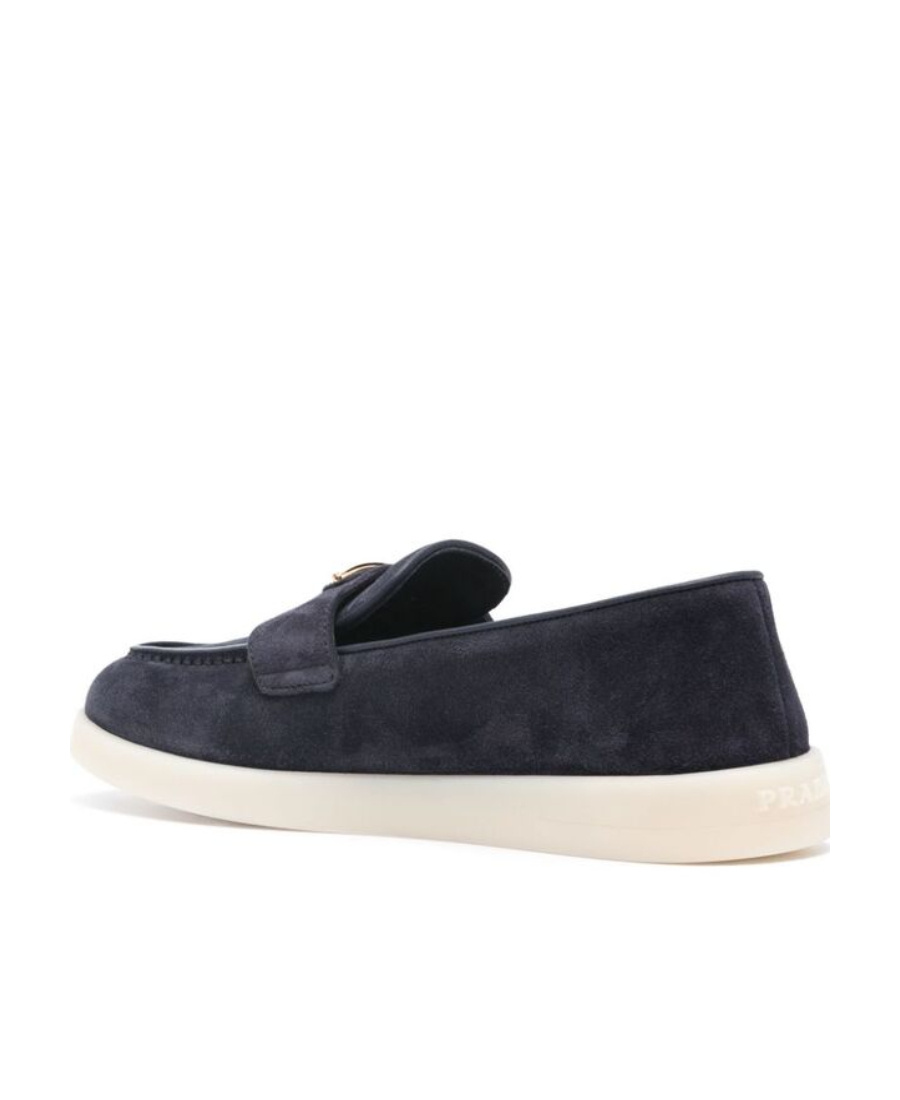 Prada Enamel Triangle Logo Suede Loafers In Blue