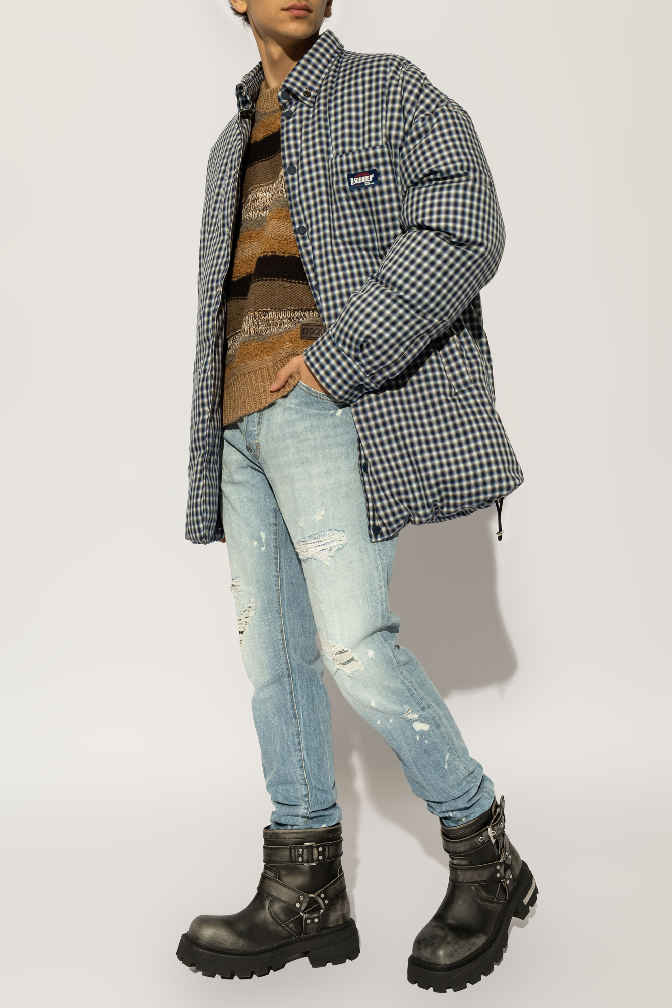 Dsquared2 Check-pattern Padded Jacket In Gray