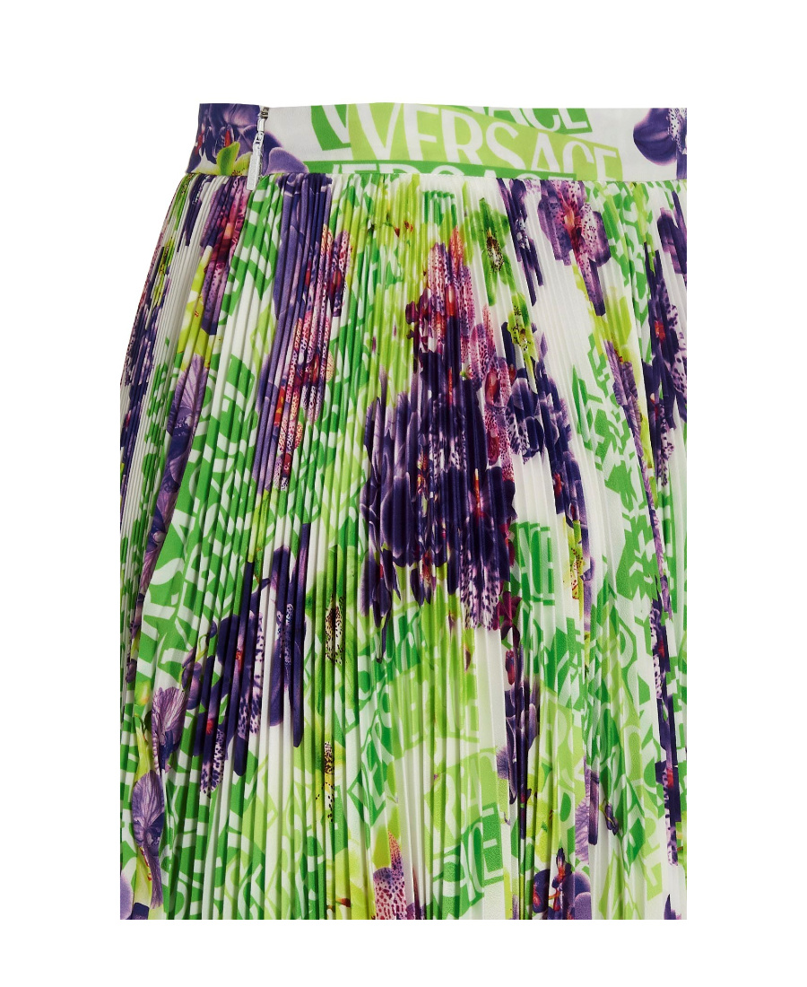 Versace Logo Orchid-print Pleated Asymmetric Skirt In Green
