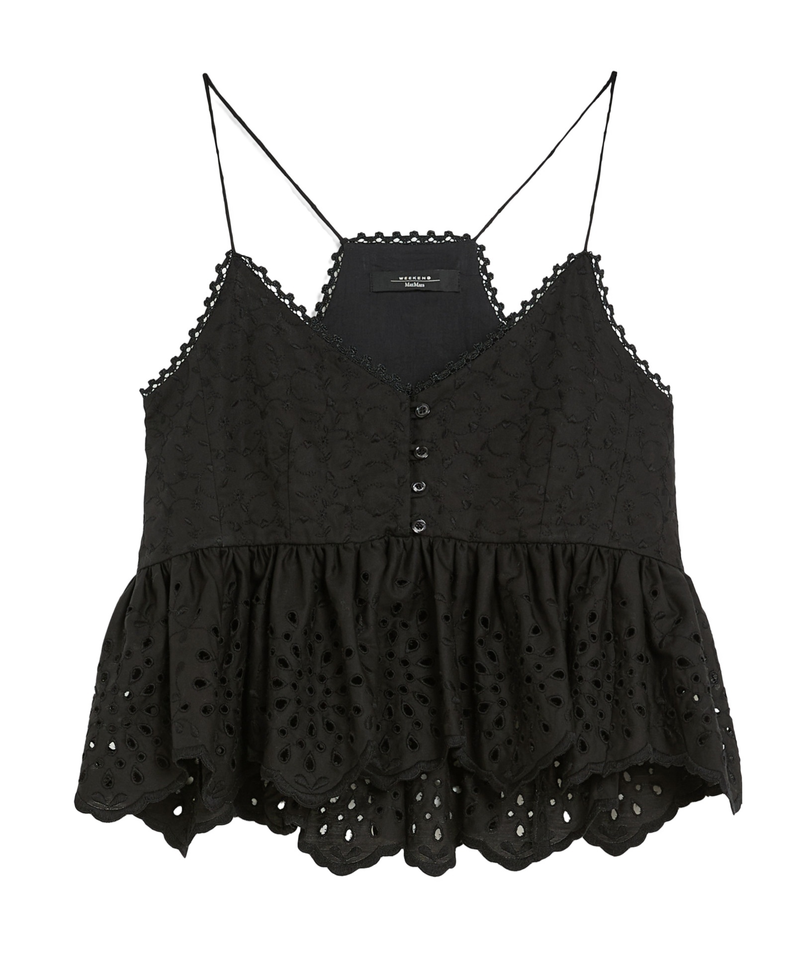 Weekend Max Mara Broderie Anglaise Peplum Top With Spaghetti Straps In Black