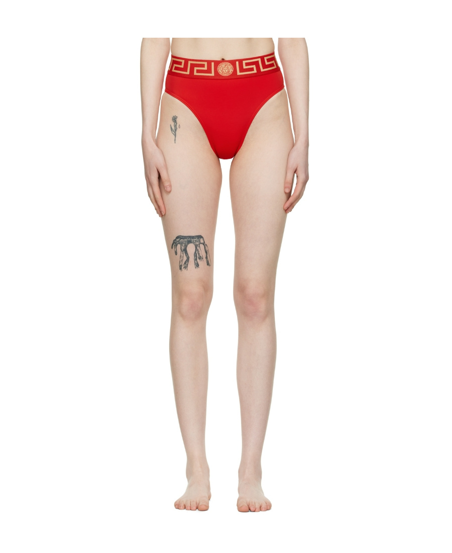 Versace Greca Border High Leg Swimming Briefs In Red