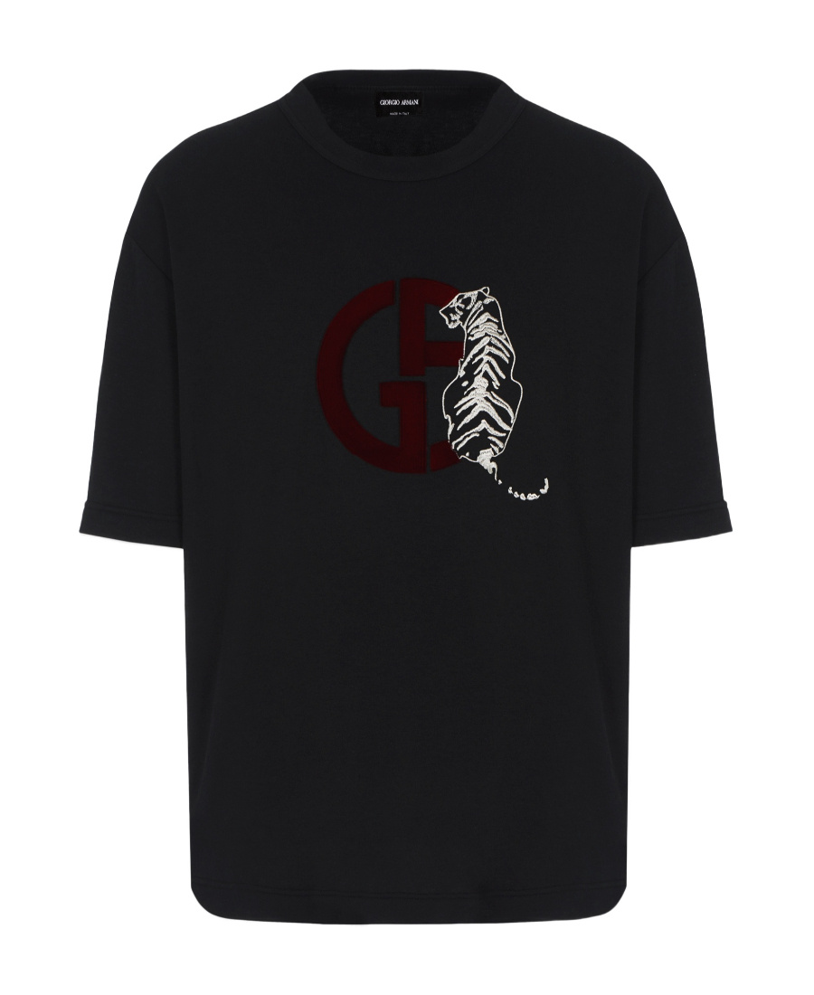 Giorgio Armani Embroidered Tiger Logo T-shirt In Black