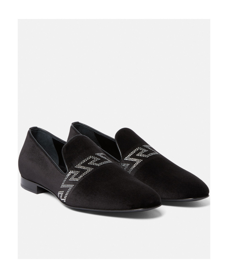 Versace Studded Greca Velvet Loafers In Black