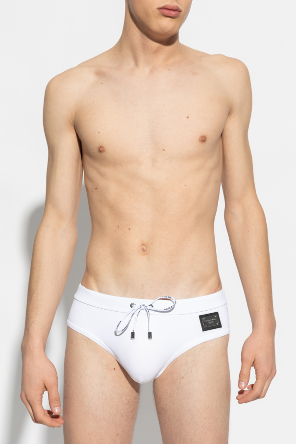 Dolce & Gabbana White Swim Briefs With Branded Drawstring And Logo Tag In White