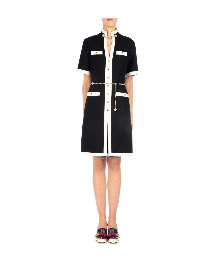 Gucci Short Wool Silk Dress With Chain Belt In Black