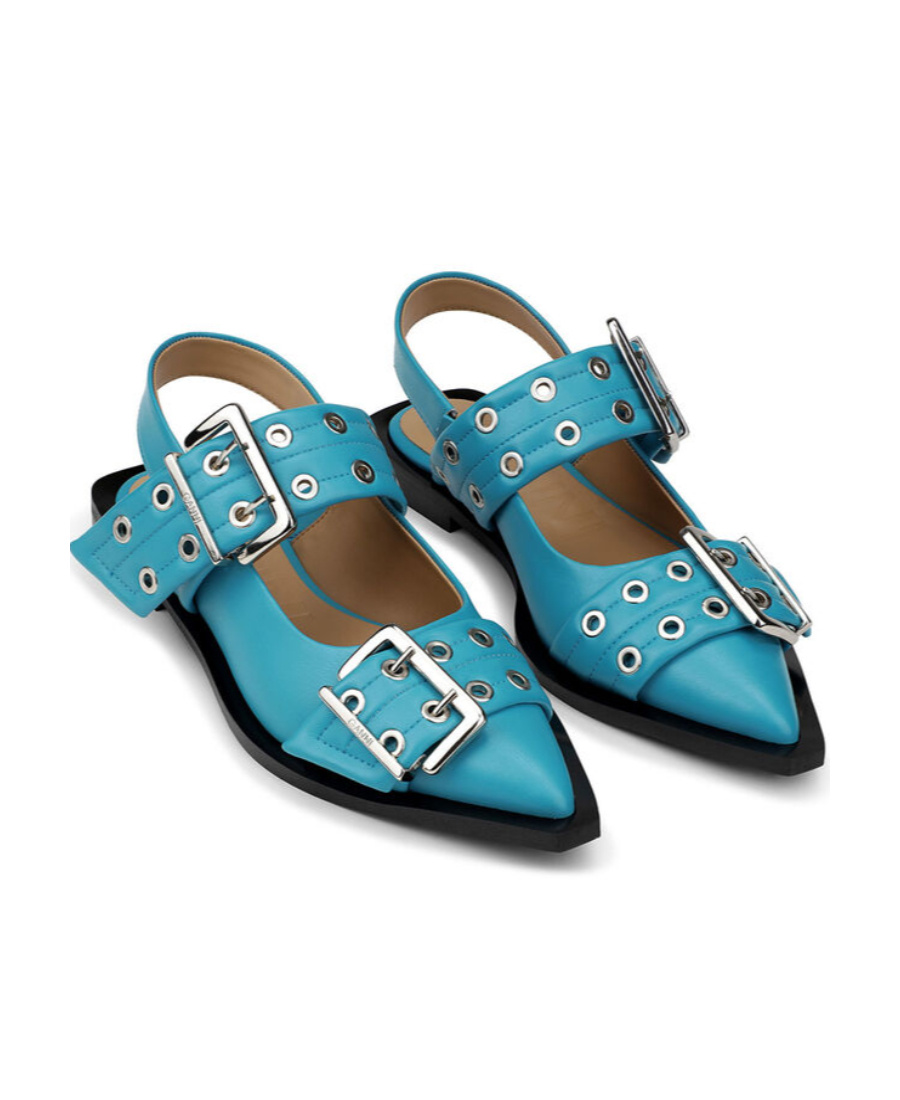 Ganni Blue Feminine Buckle Ballerinas In Blue