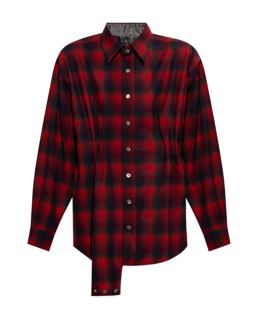 Maison Margiela Wool Chekered Shirt With Gathered Details In Brown