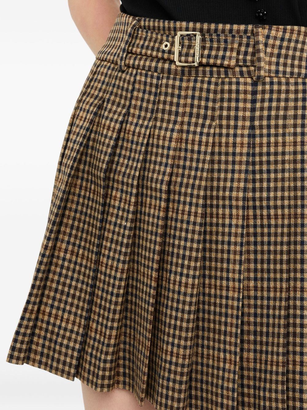 Liu •jo Pleated Checkered Mini Skirt With Decorative Belt In Brown