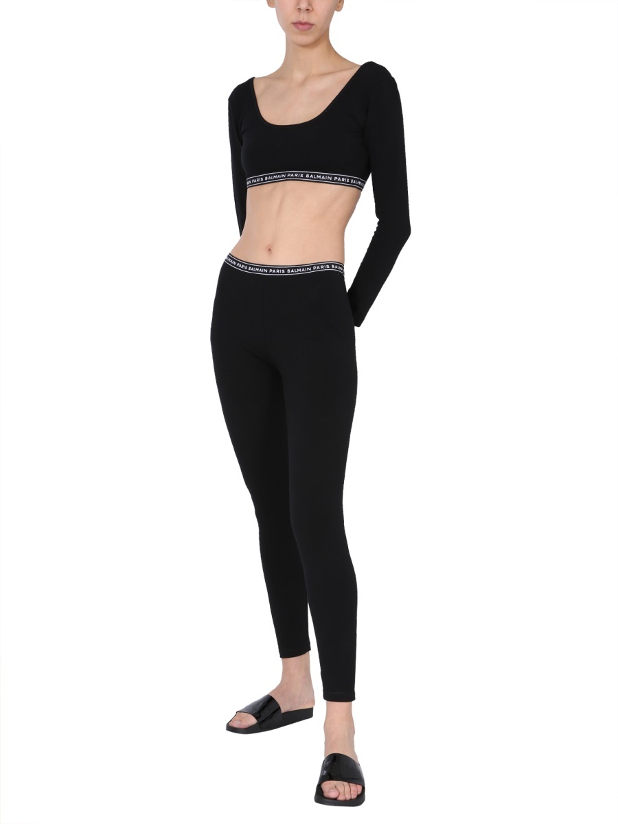 Balmain Logo-waistband Cotton-blend Leggings In Black