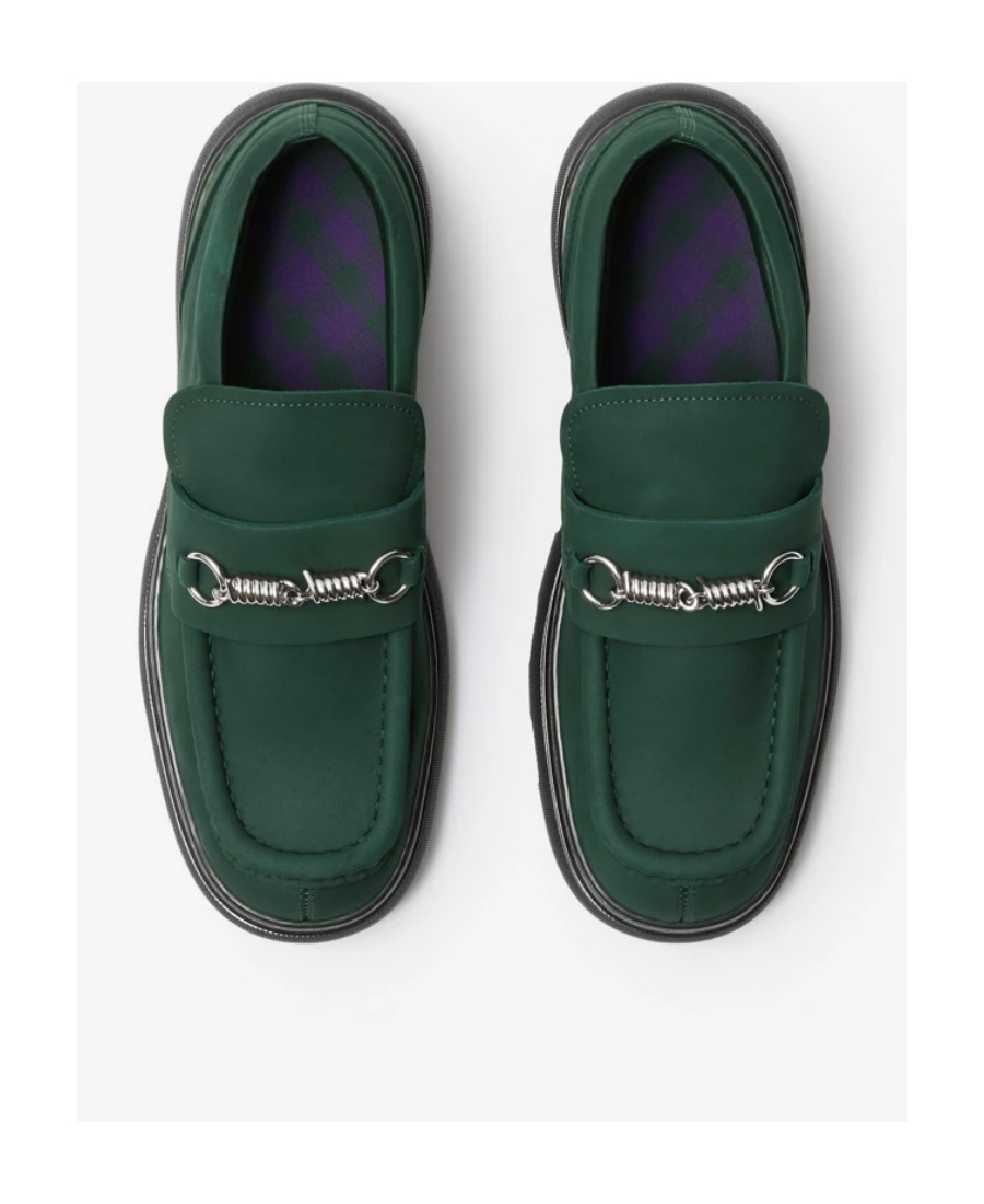 Burberry Creeper Clamp Barbed-wire Suede Loafers In Green