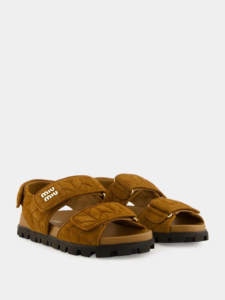 Miu Miu Sporty Quilted Double-strap Sandals In Brown