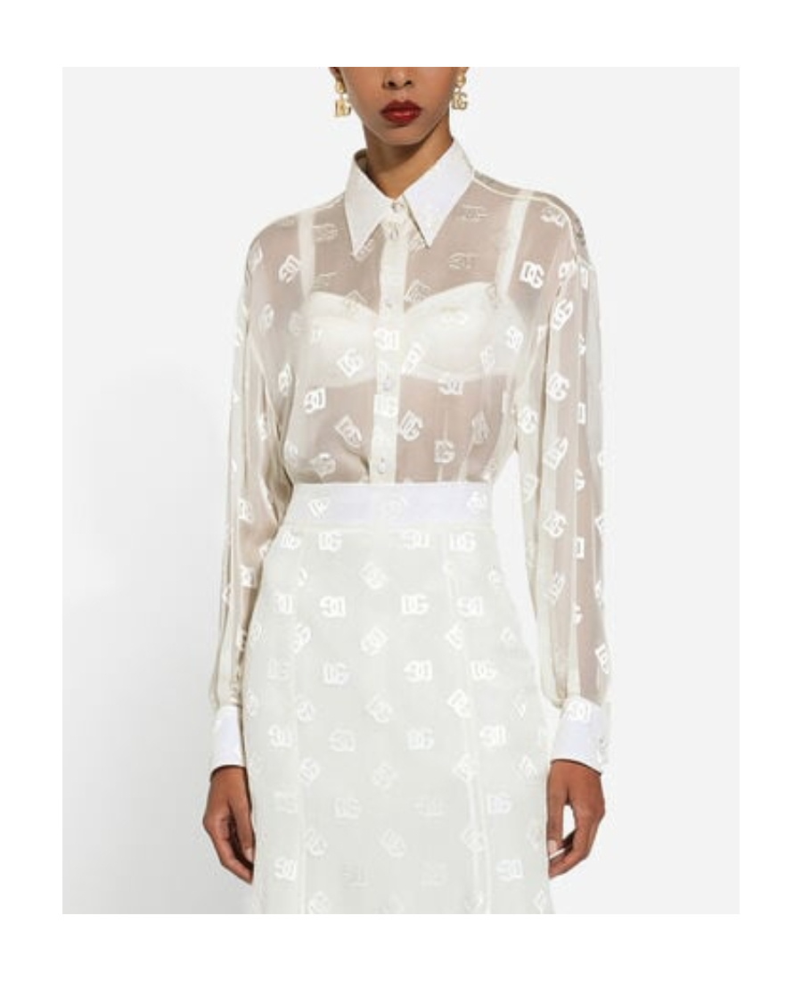 Dolce & Gabbana Devoré Satin Pussy-bow Shirt With All-over Dg Logo In White