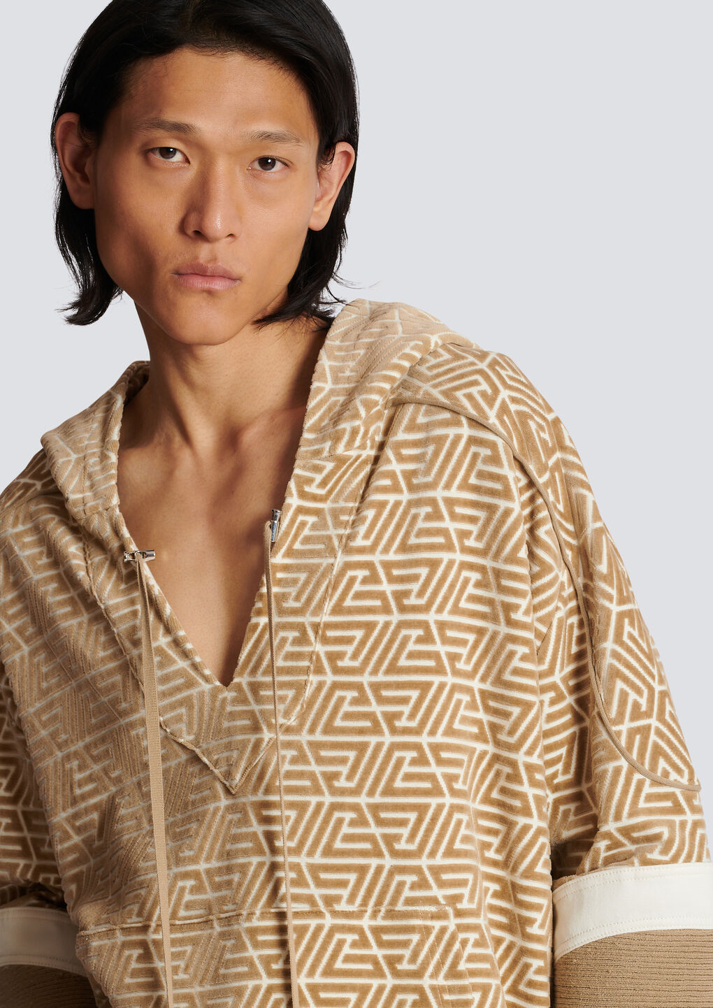 Shop Balmain Hoodie With Printed Pyramid Monogram In Nude