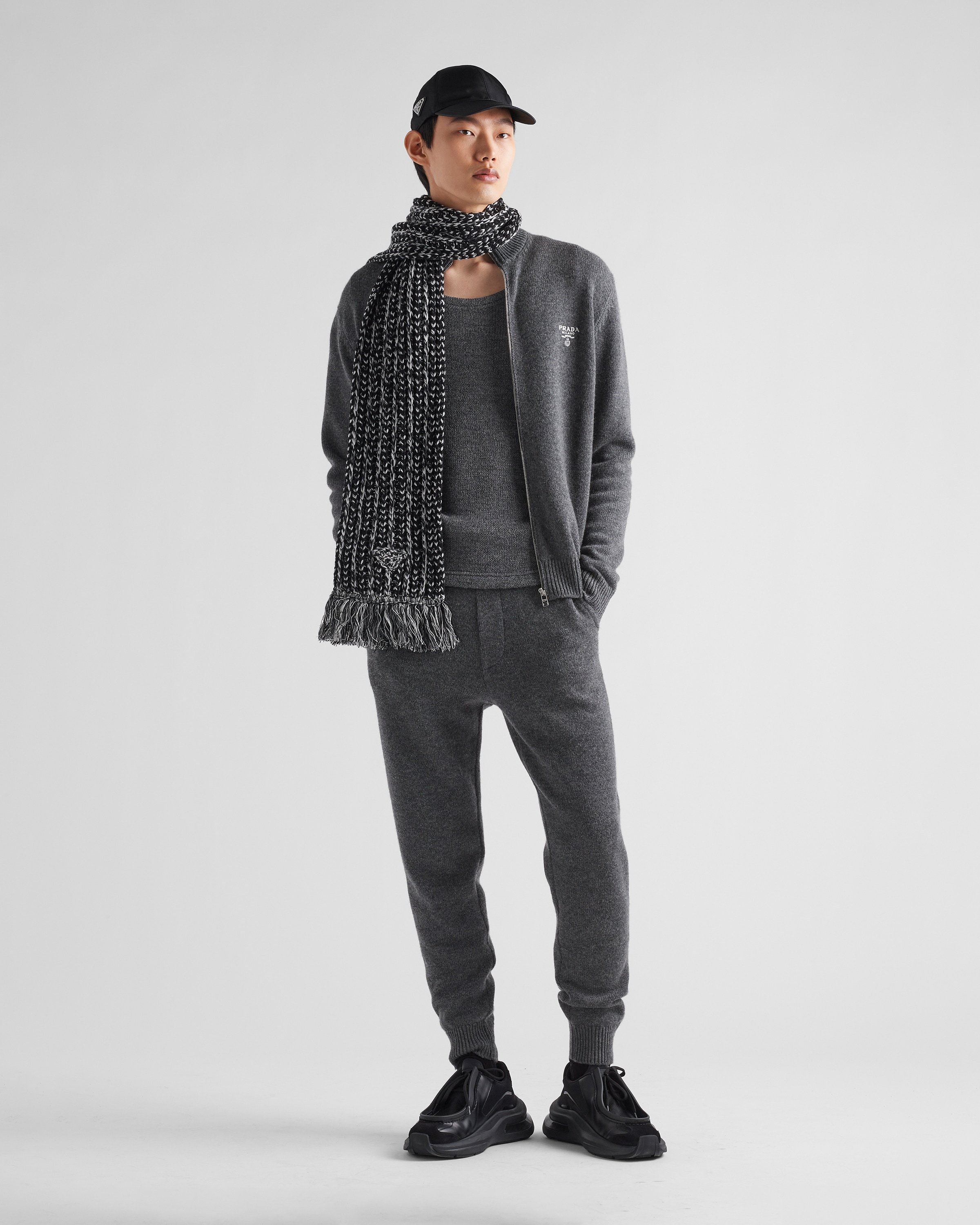 Prada Logo-embroidered Cashmere Sweatshirt In Gray