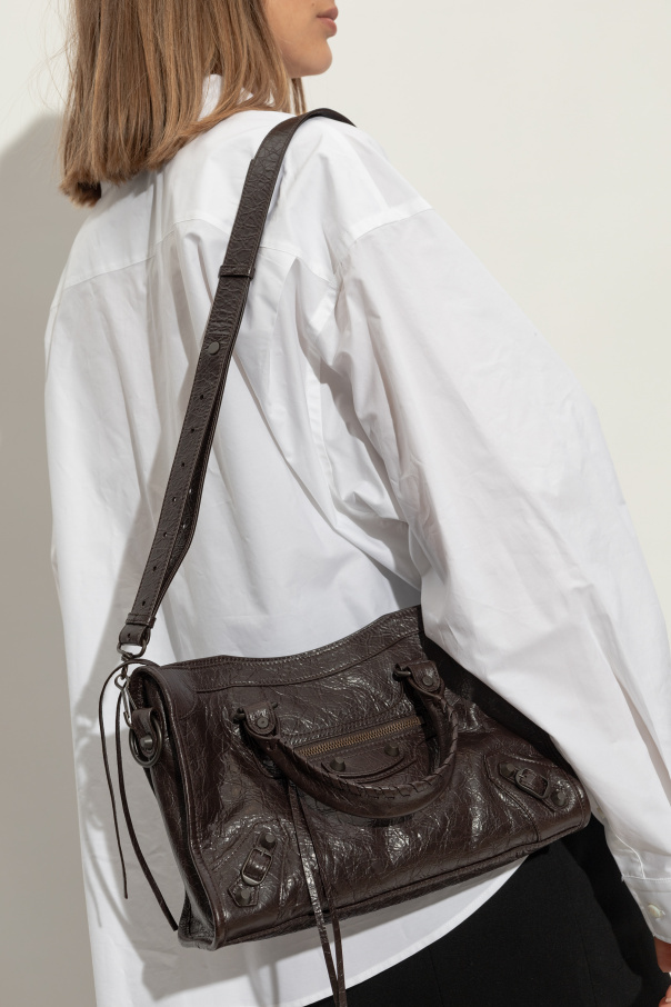 Balenciaga Leather Shoulder Bag With Front Zip Pocket In Black