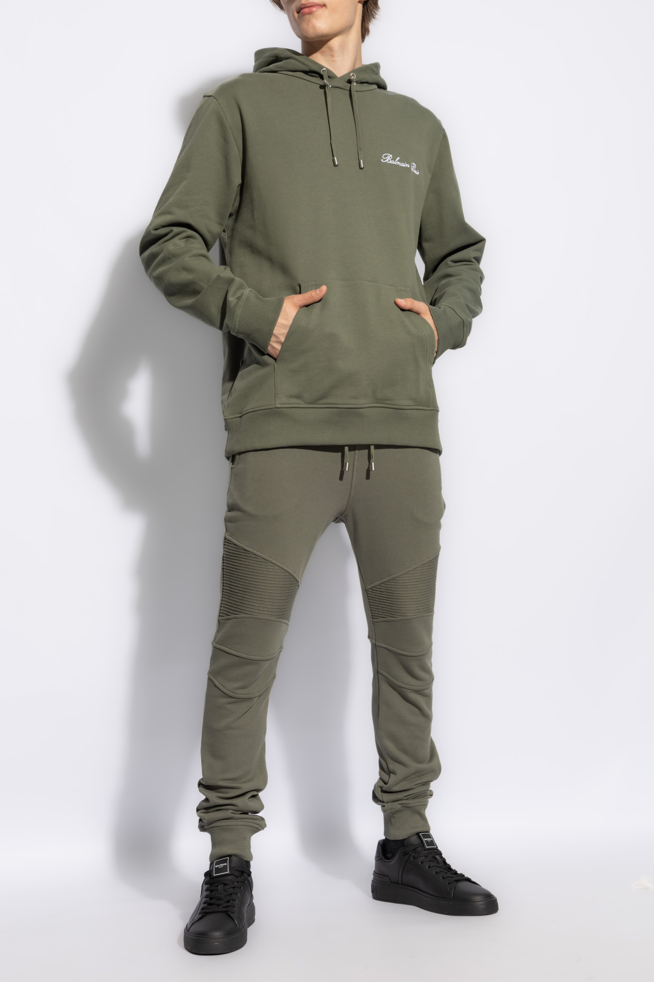 Balmain Logo-embroidered Drawstring Hoodie In Green