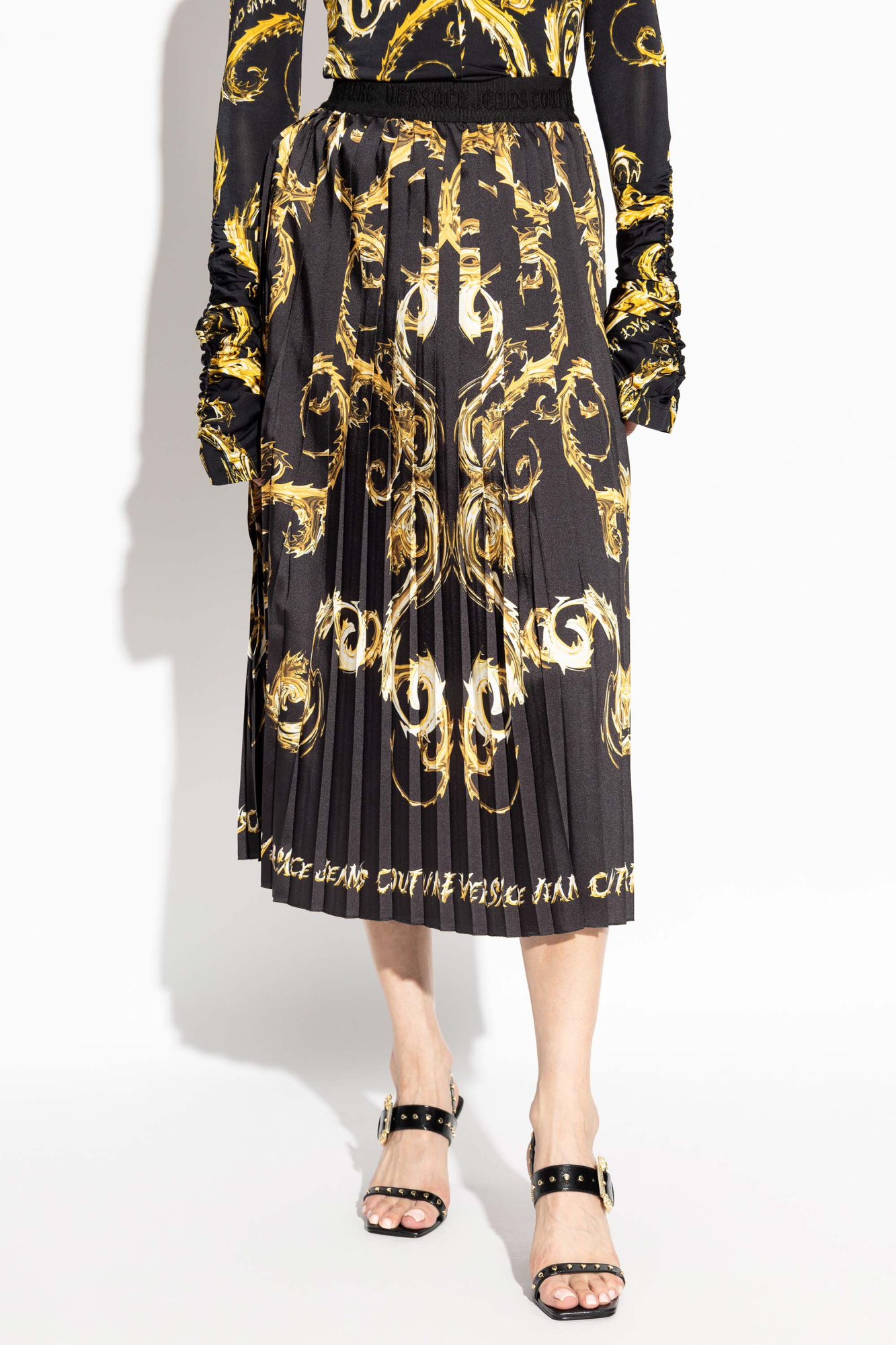 Shop Versace Jeans Chromo Couture Pleated Midi Skirt In Black