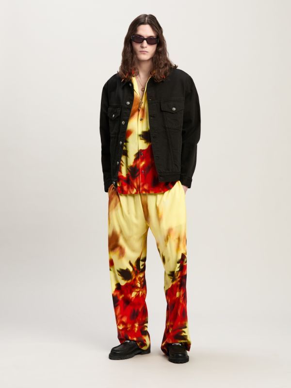 Palm Angels Flame Palm Print Wide-leg Pants In Yellow