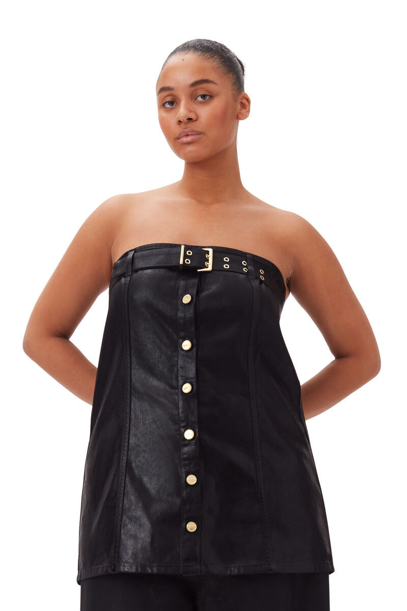 Shop Ganni Black Foil Denim Corsage