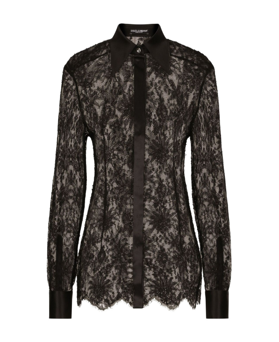 Dolce & Gabbana Black Slim Shirt With Satin Details In Chantilly Lace Woman In Black