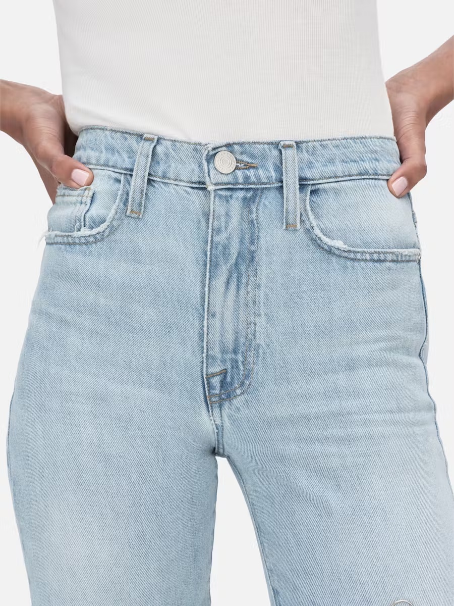 Shop Frame High Waist Zipper Denim Trousers In Blue