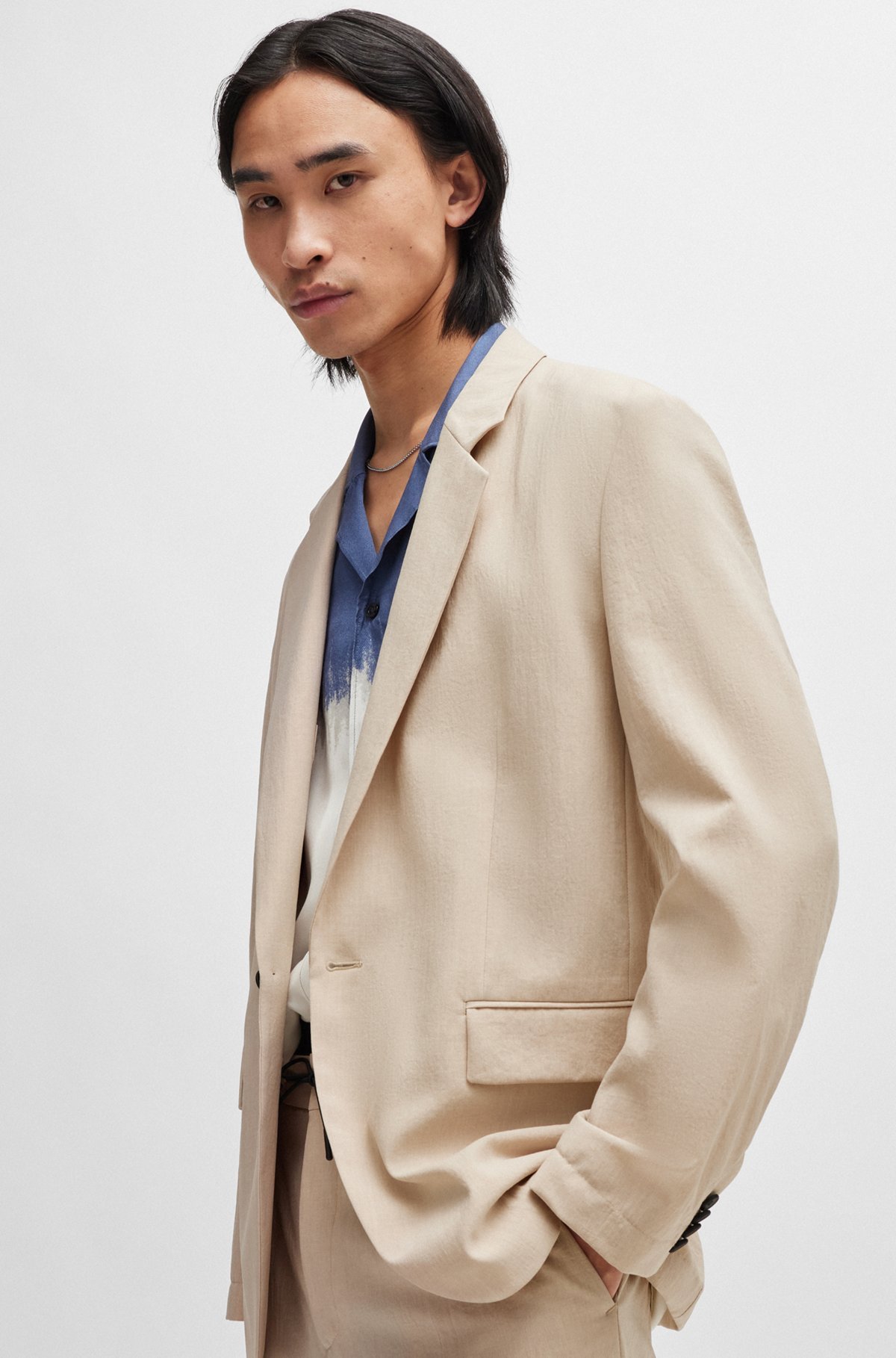 Hugo Boss Modern-fit Jacket In Linen-look Fabric In Nude
