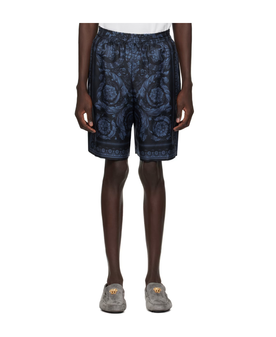 Versace All-over Barroco Print Silk Shorts In Black