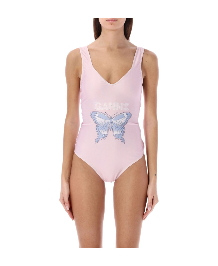 Ganni Graphic Deep Cut One Piece Swimsuit Light Lilac 38 In White