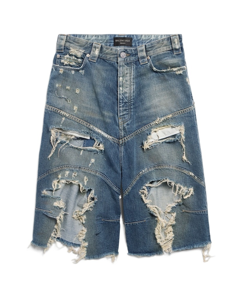 Balenciaga Men's Distressed Baggy Shorts In Blue In Blue