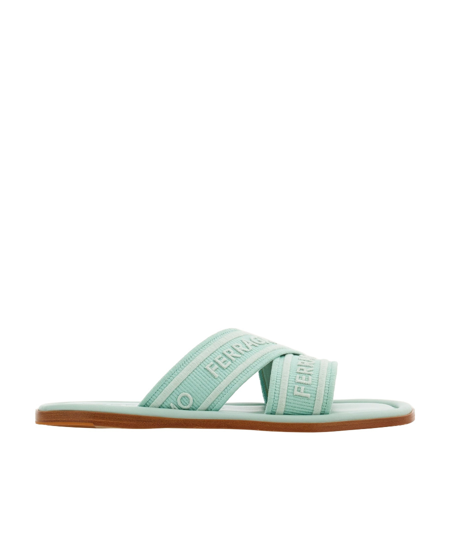 Ferragamo Laurene Logo Cotton Flat Sandals In Green