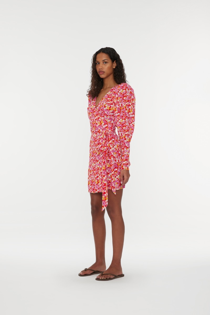 Shop Rotate Birger Christensen Rotate Jacquard Flower Printed Mini Wrap Dress In Pink