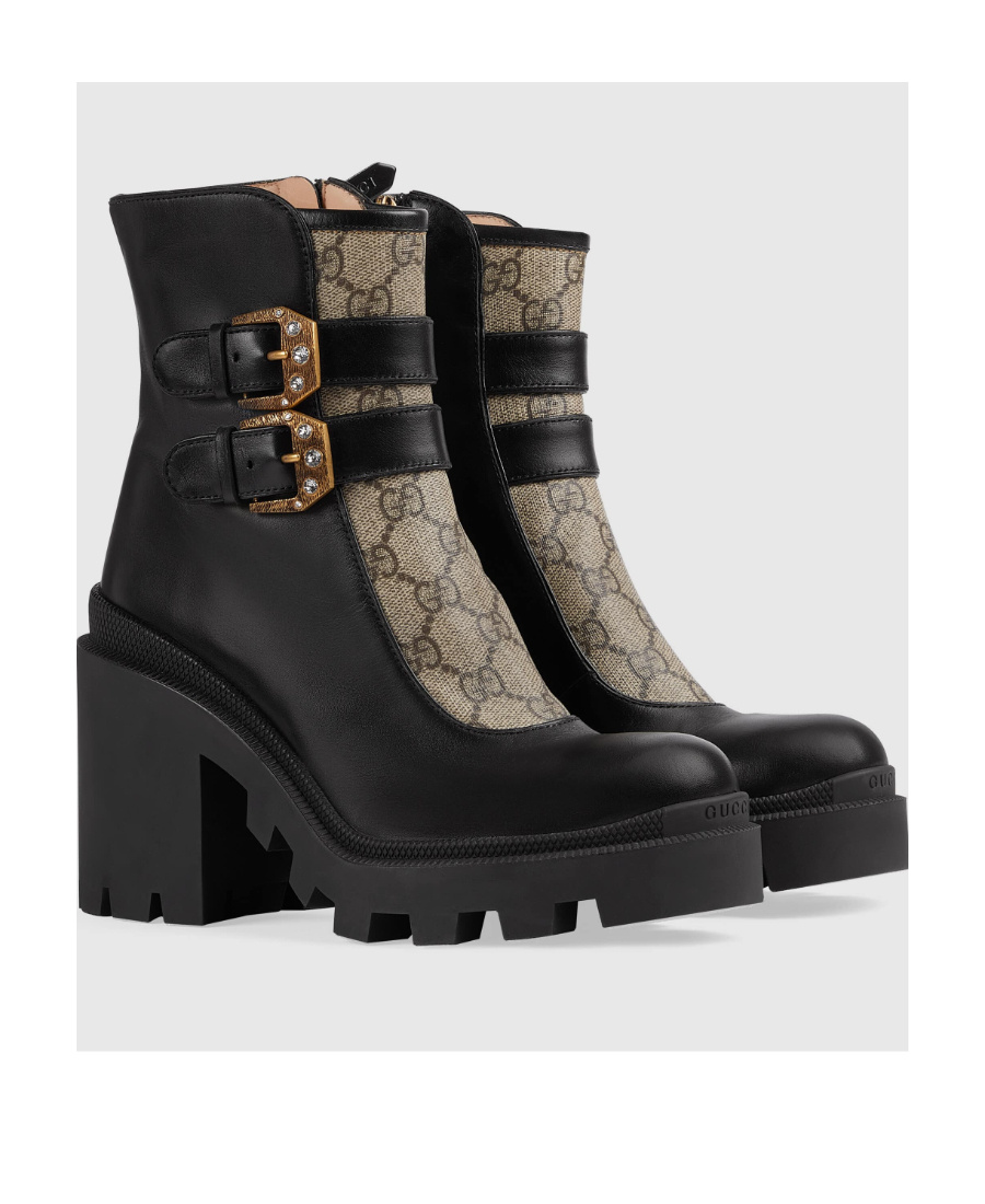 Gucci Gg Supreme Buckle Ankle Boots In Black