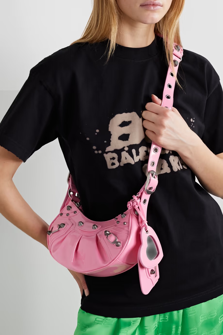 Balenciaga Green Leather Shoulder Handbag With Magnetic Closure And Metal Details In Pink