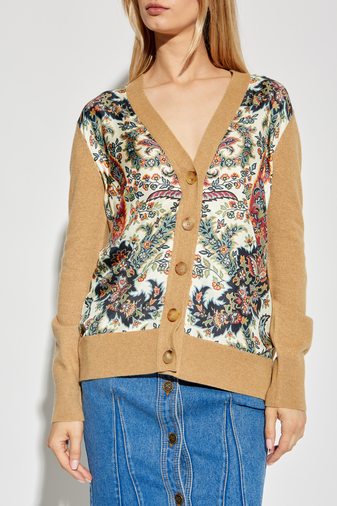 Etro Floral-print Panelled Cardigan In Nude