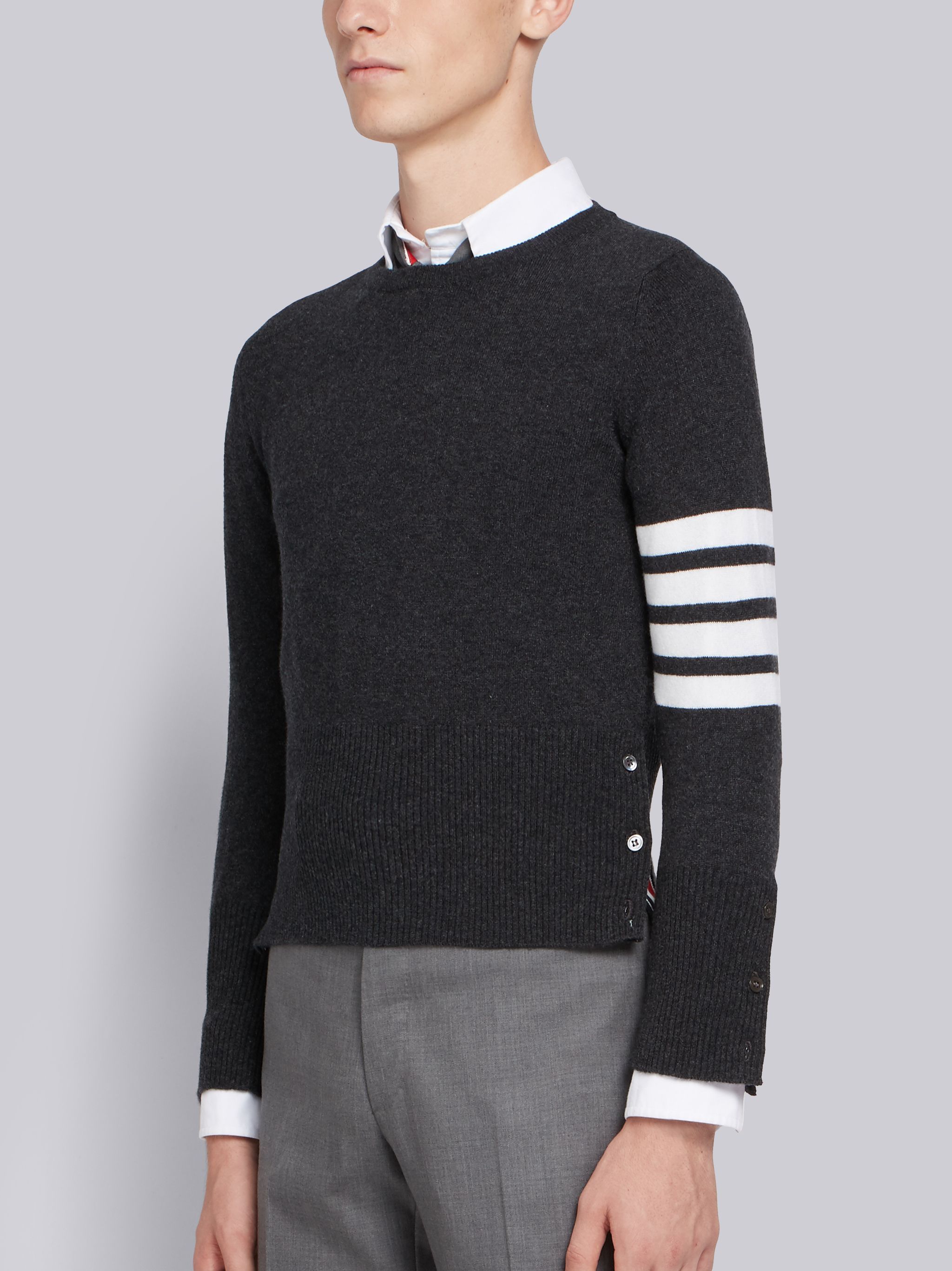 Thom Browne Ribbed Hem Crewneck Striped Sleeve Button Cuffs In Black