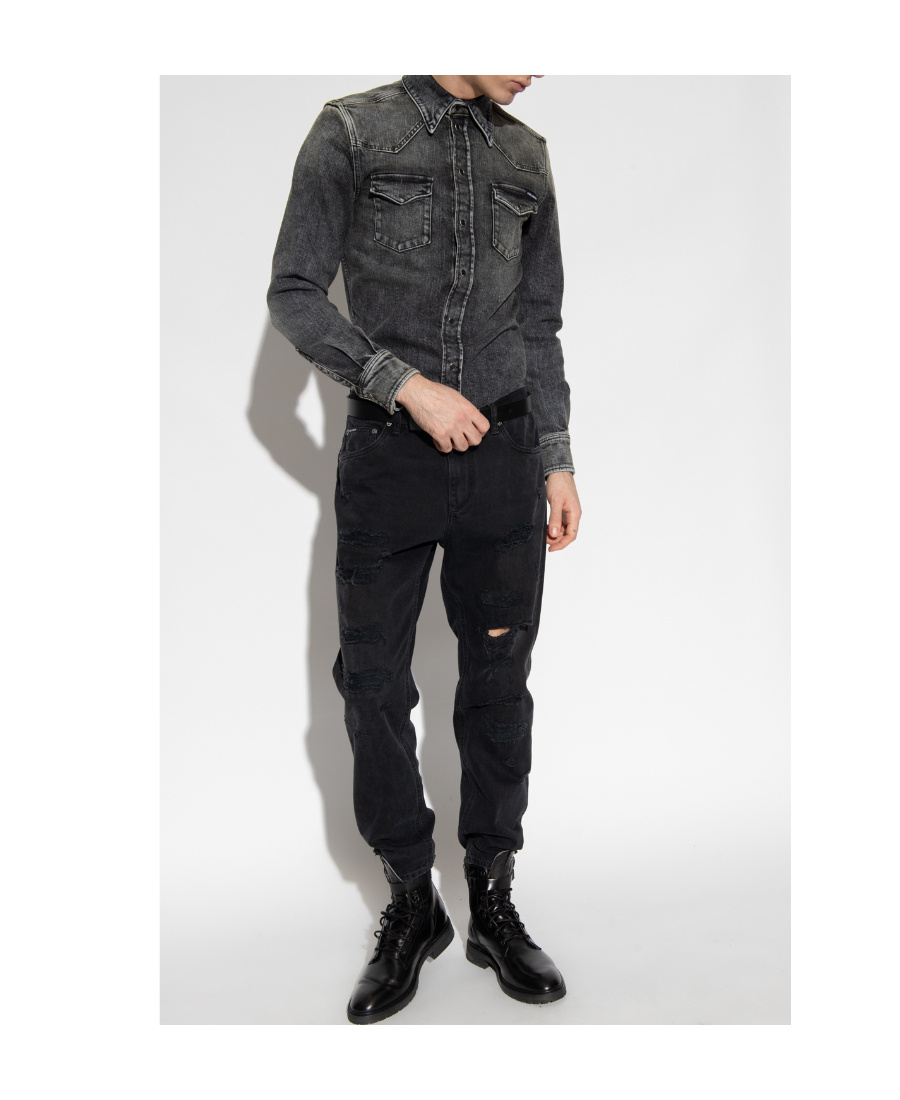 Dolce & Gabbana Black Washed Cotton Snap Long Sleeve Casual Shirt In Black