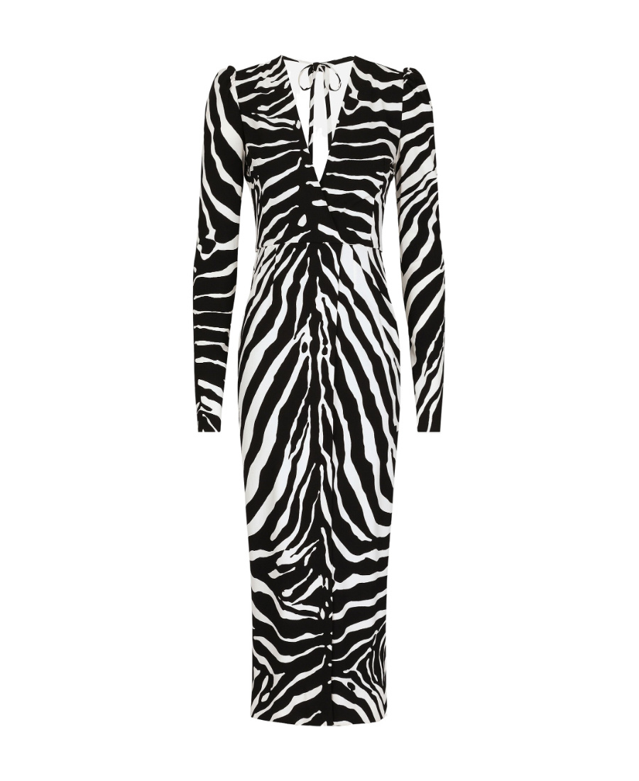 Dolce & Gabbana Ruched Zebra-print Crepe Midi Dress In Black