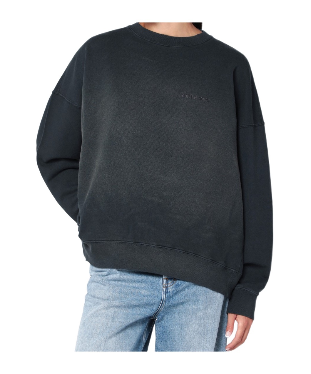 Golden Goose Longline Crewneck Cotton Sweatshirt With Star Accents In Gray