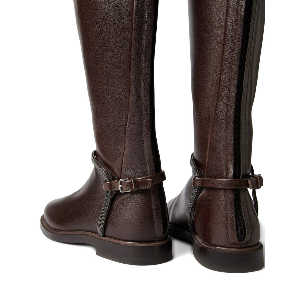 Brunello Cucinelli Women Classic Leather Boot With Precious Spurs In Brown