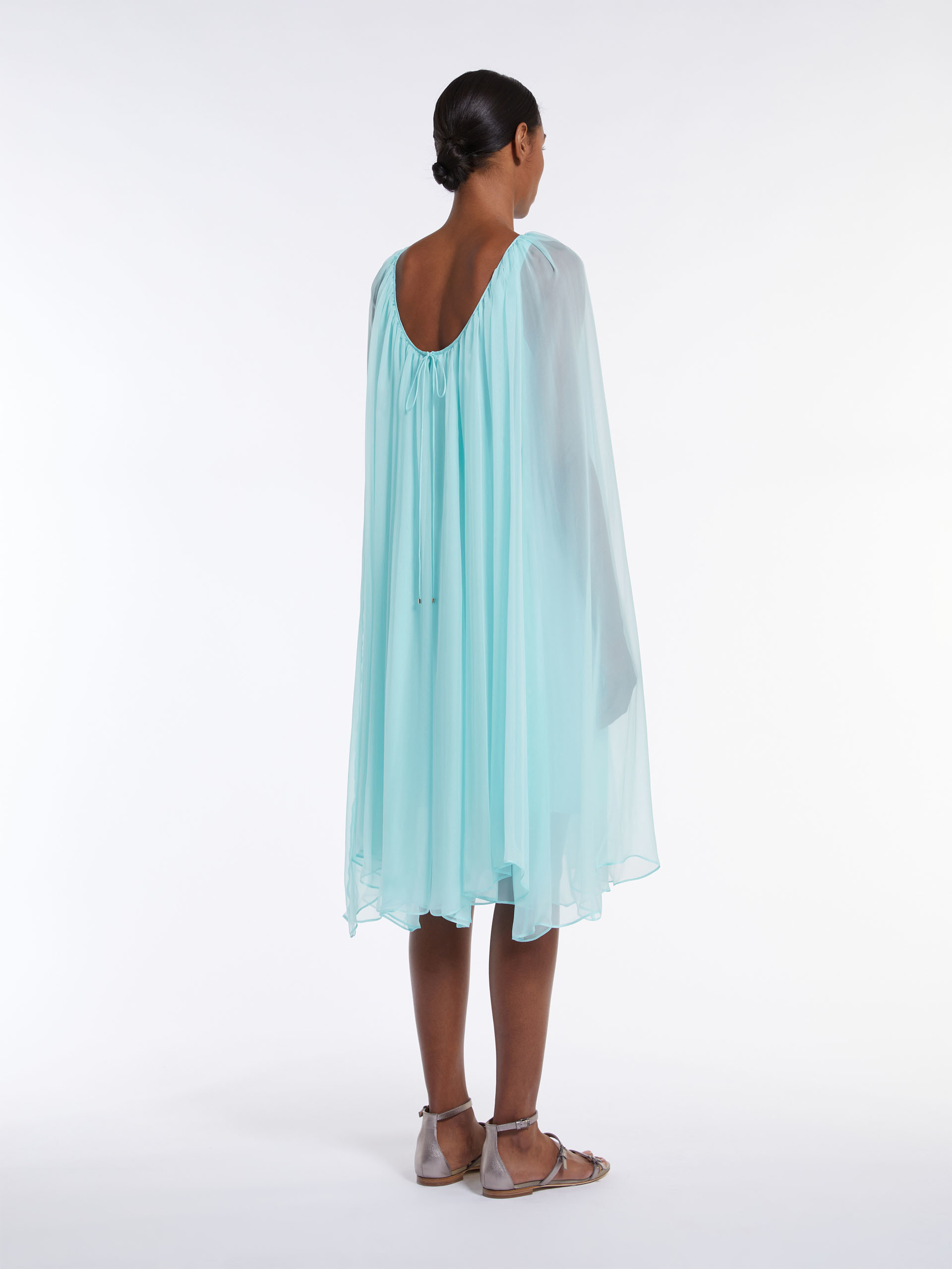 Max Mara Women Mini Light Blue Dress With Drawstring In Silk Chiffon Woman In Blue